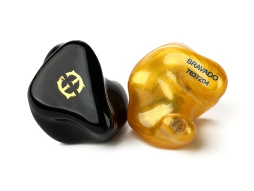 Empire Ears Bravado MKII custom IEMs with Opaque Onyx and Opaque Royal Gold faceplates